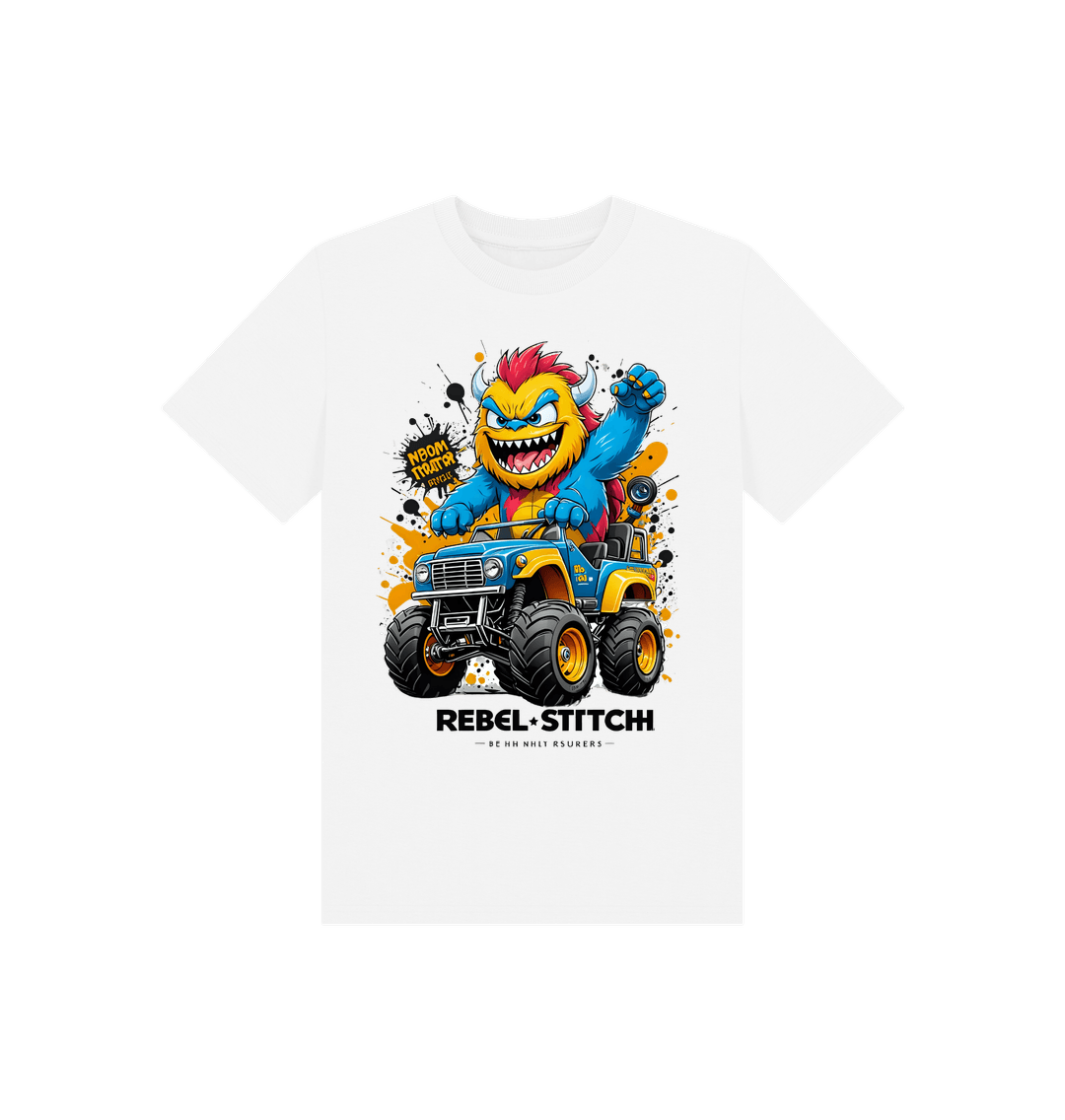 White Rebel Stitch Premium Cotton Short Sleeve Kids T-Shirt Monster Truck Front Print #1