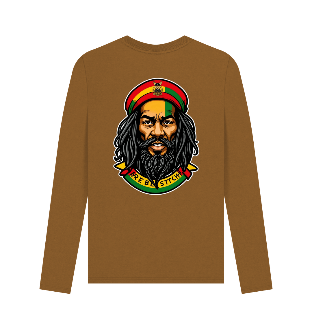 Brown Rebel Stitch Premium Cotton Long Sleeve T-Shirt Zion-One Love Back Print #3