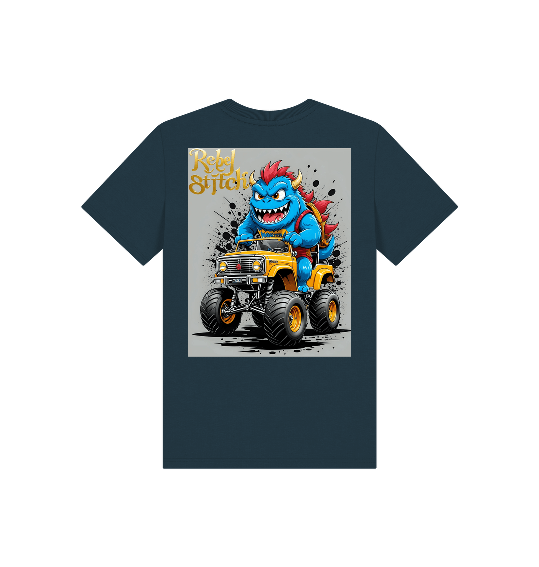 Denim Blue Rebel Stitch Premium Cotton Short Sleeve Kids T-Shirt Monster Truck Back Print #4