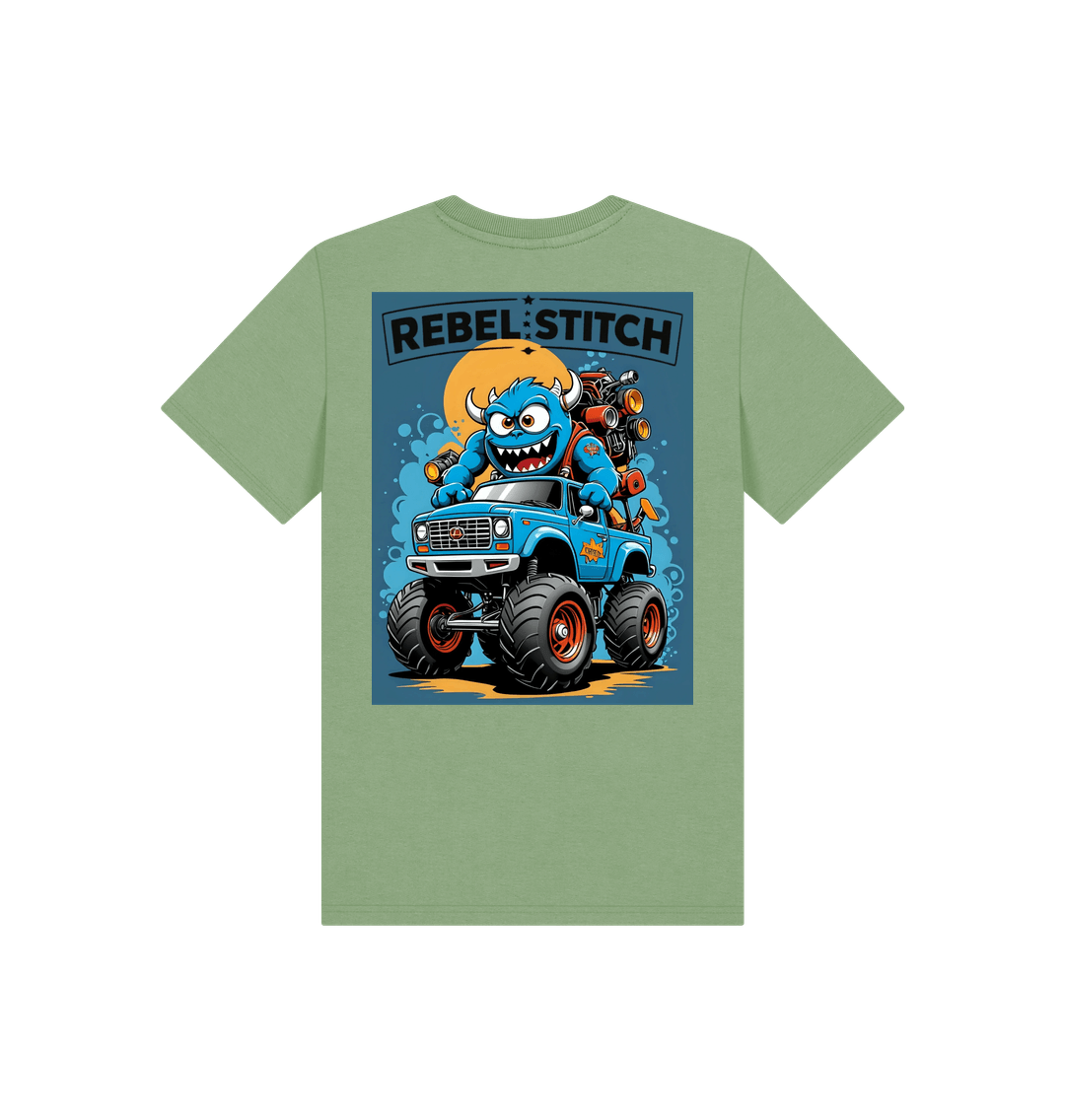 Sage Rebel Stitch Premium Cotton Short Sleeve Kids T-Shirt Monster Truck Back Print #3