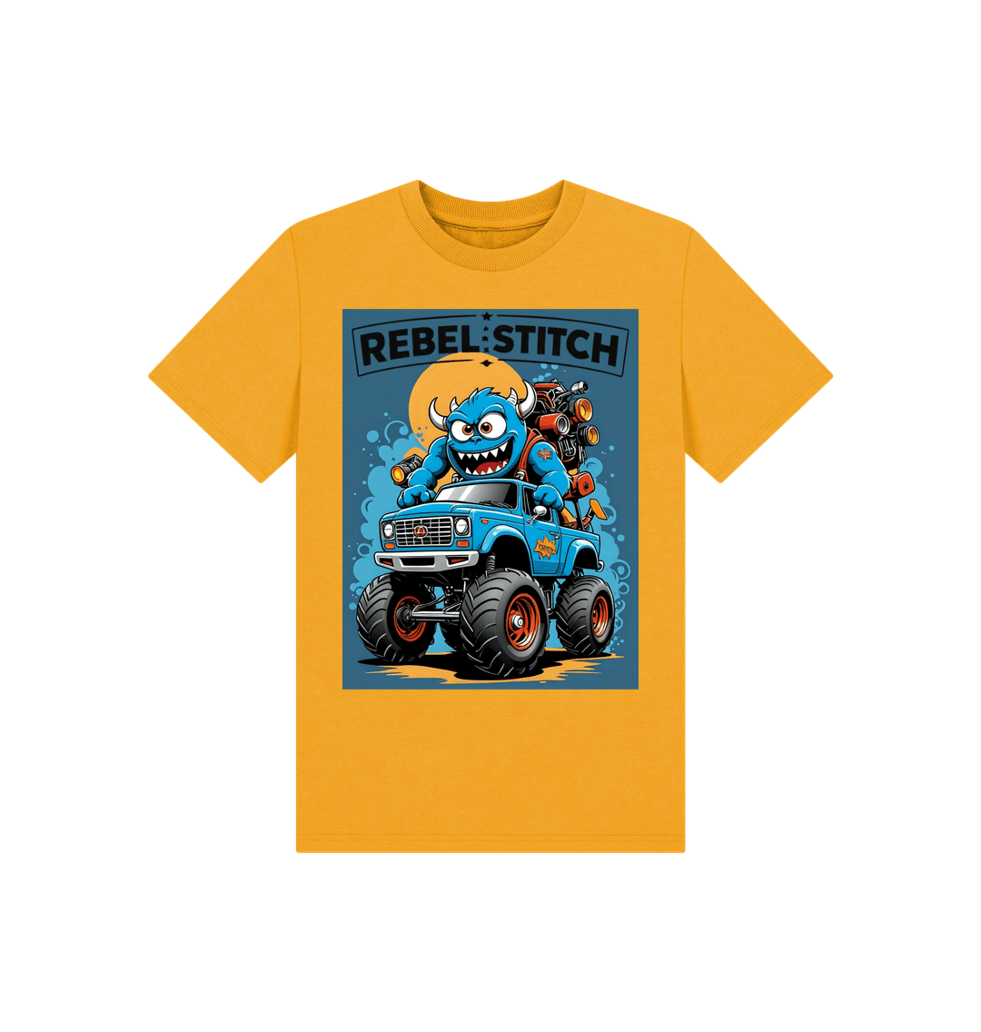 Mustard Rebel Stitch Premium Cotton Short Sleeve Kids T-Shirt Monster Truck Front Print #3