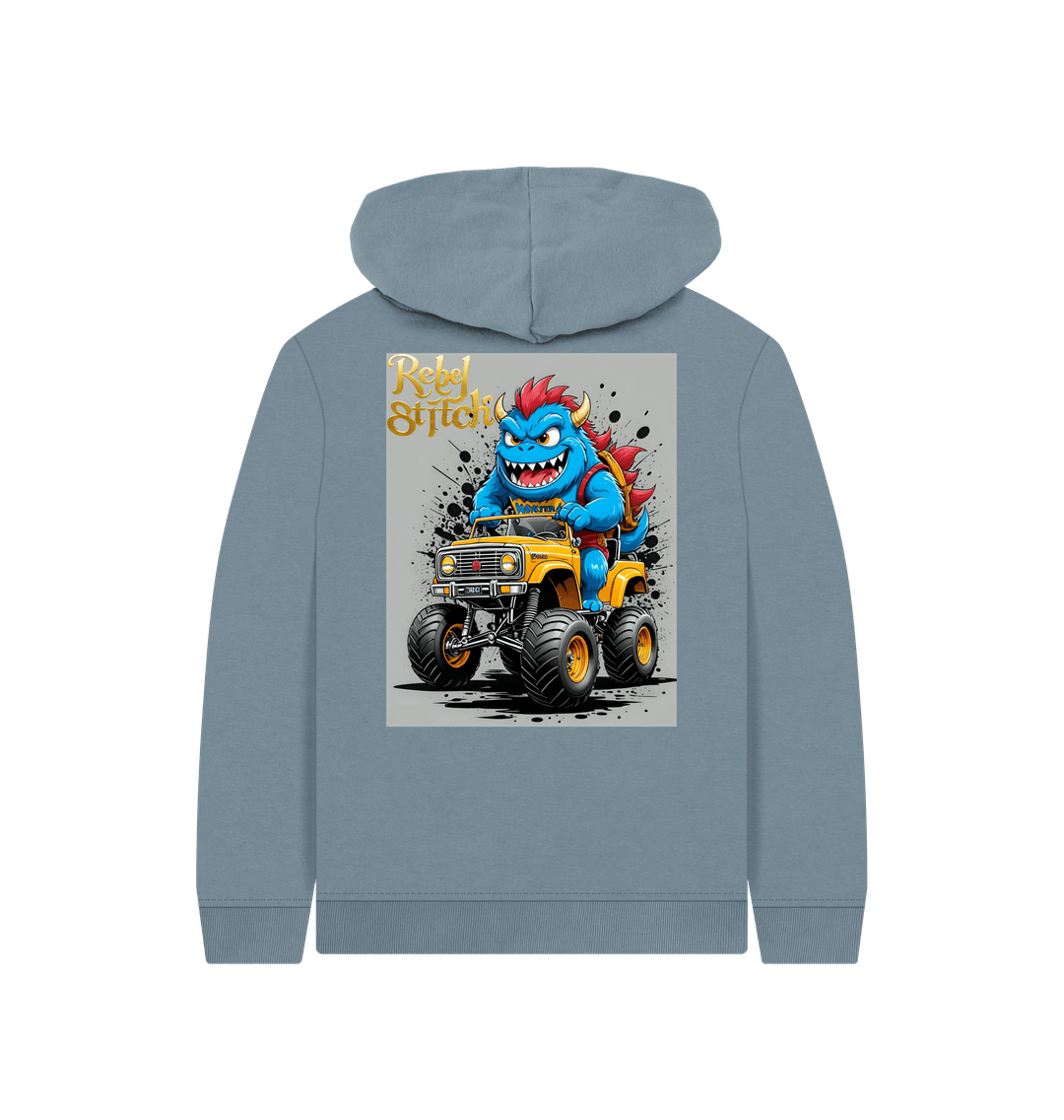 Stone Blue Rebel Stitch Premium Cotton Kids Hoodie Monster Truck Back Print #4