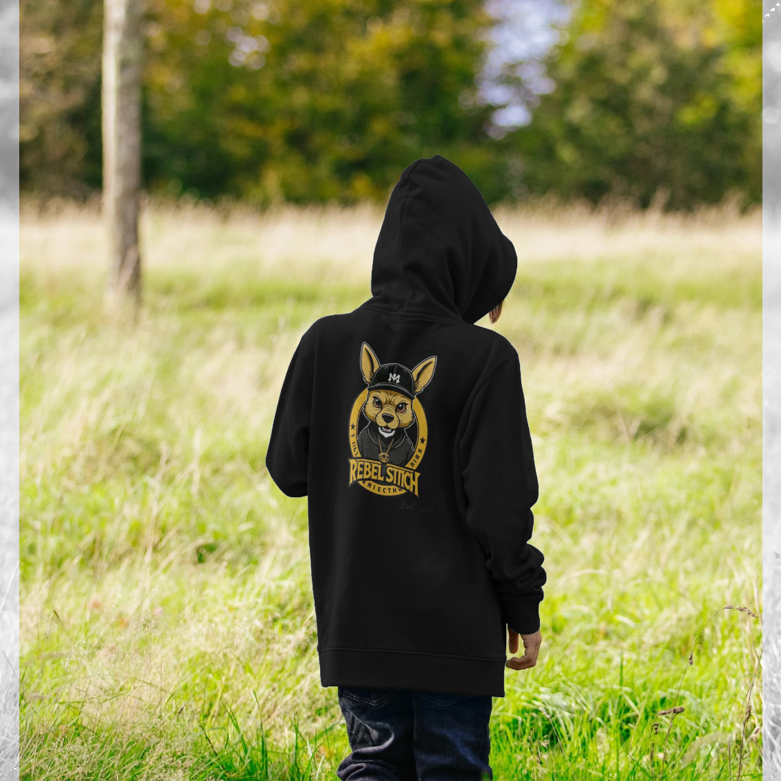 Sudadera con capucha para niños de algodón prémium Rebel Stitch con estampado en la parte posterior y la línea principal n.° 1