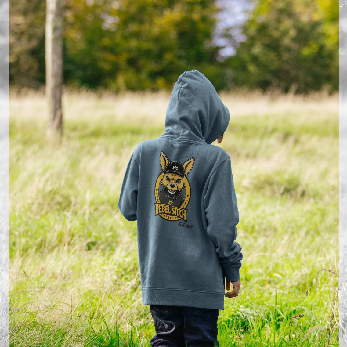 Sudadera con capucha para niños de algodón prémium Rebel Stitch con estampado en la parte posterior y la línea principal n.° 1