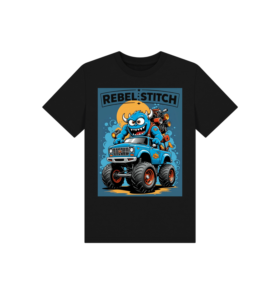 Black Rebel Stitch Premium Cotton Short Sleeve Kids T-Shirt Monster Truck Front Print #3