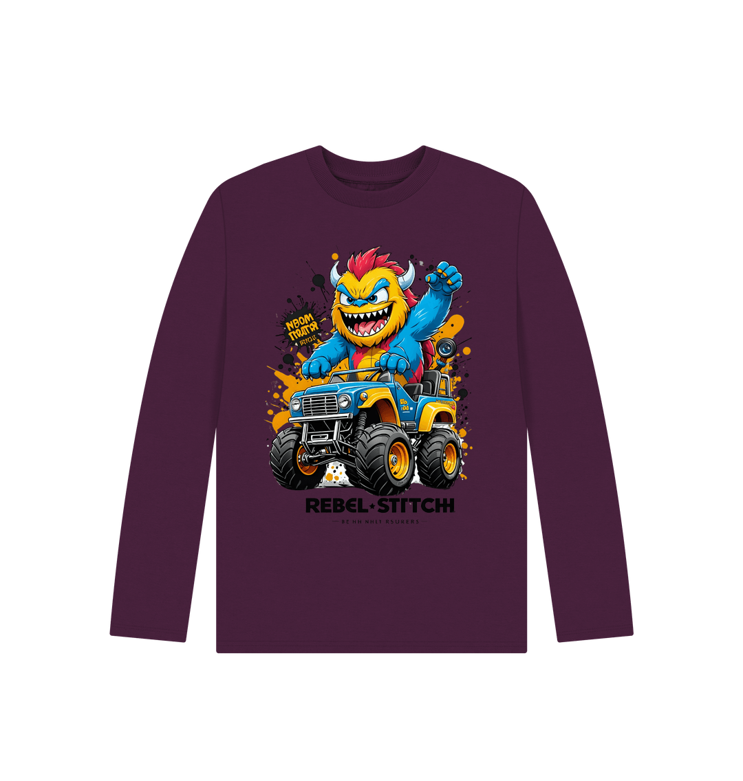 Purple Rebel Stitch Premium Cotton Long Sleeve Kids T-Shirt Monster Truck Front Print #1