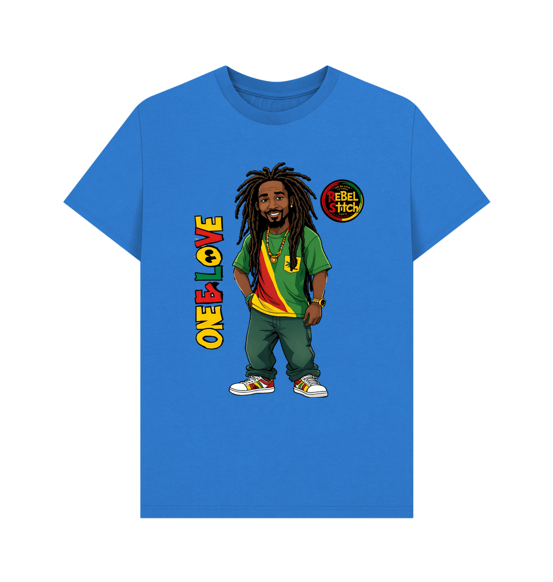 Bright Blue Rebel Stitch Premium Cotton Short Sleeve T-Shirt Zion-One Love Front Print #1