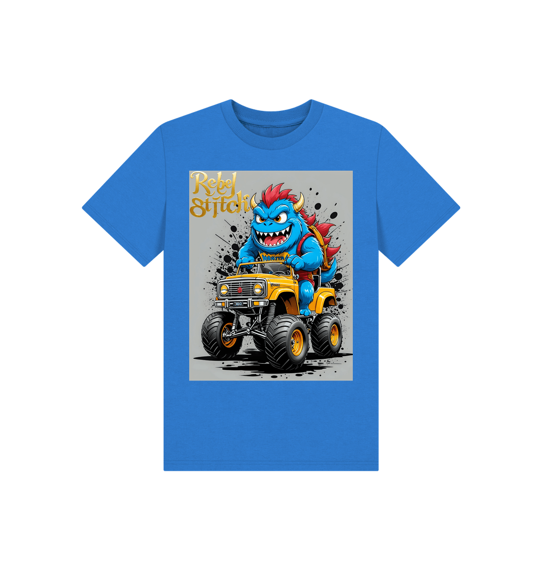 Bright Blue Rebel Stitch Premium Cotton Short Sleeve Kids T-Shirt Monster Truck Front Print #4