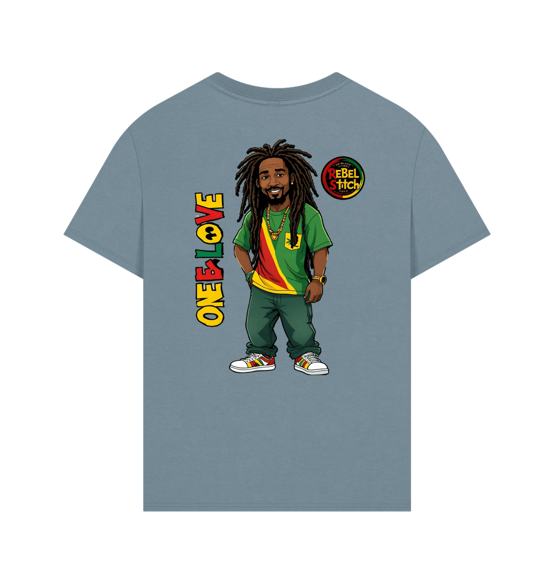 Stone Blue Rebel Stitch Premium Cotton Oversized Short Sleeve T-Shirt Zion-One Love Back Print #1