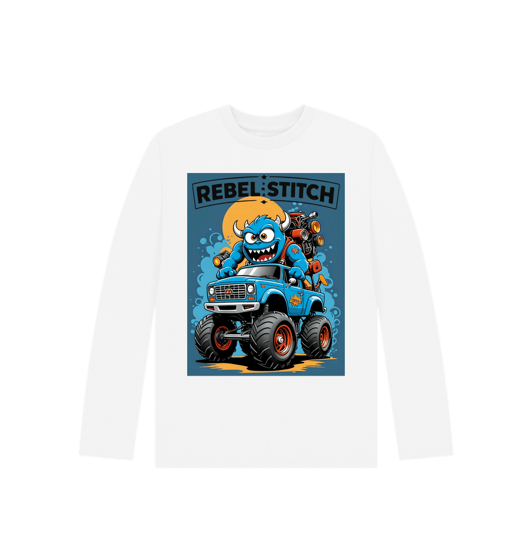 White Rebel Stitch Premium Cotton Long Sleeve Kids T-Shirt Monster Truck Front Print #3