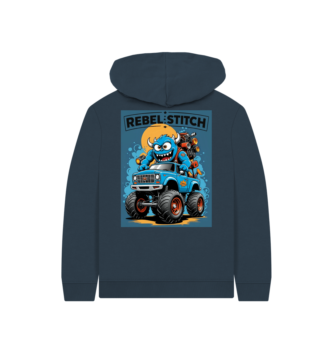 Navy Blue Rebel Stitch Premium Cotton Kids Hoodie Monster Truck Back Print #3