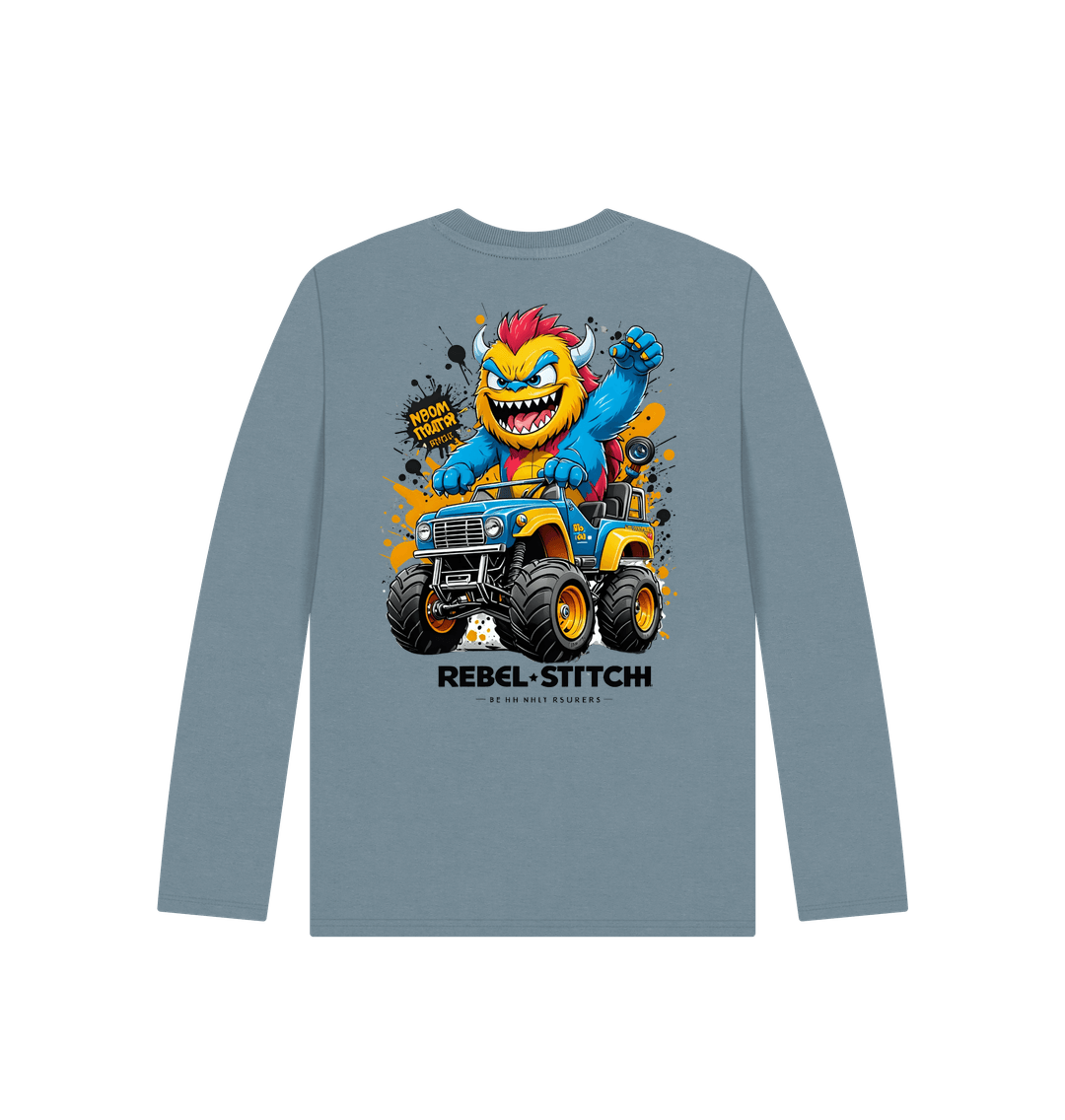 Stone Blue Rebel Stitch Premium Cotton Long Sleeve Kids T-Shirt Monster Truck Back Print #1