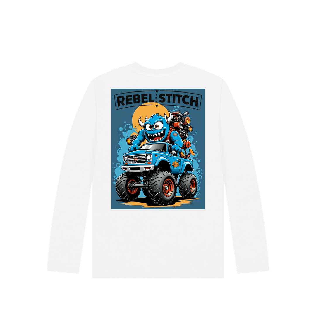 White Rebel Stitch Premium Cotton Long Sleeve Kids T-Shirt Monster Truck Back Print #3