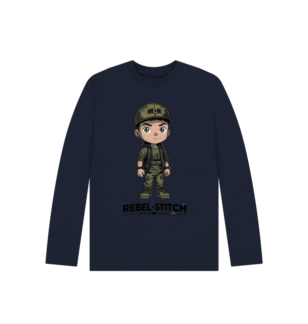 Navy Blue Rebel Stitch Premium Cotton Long Sleeve Kids T-Shirt Rebel Kids Front Print #4