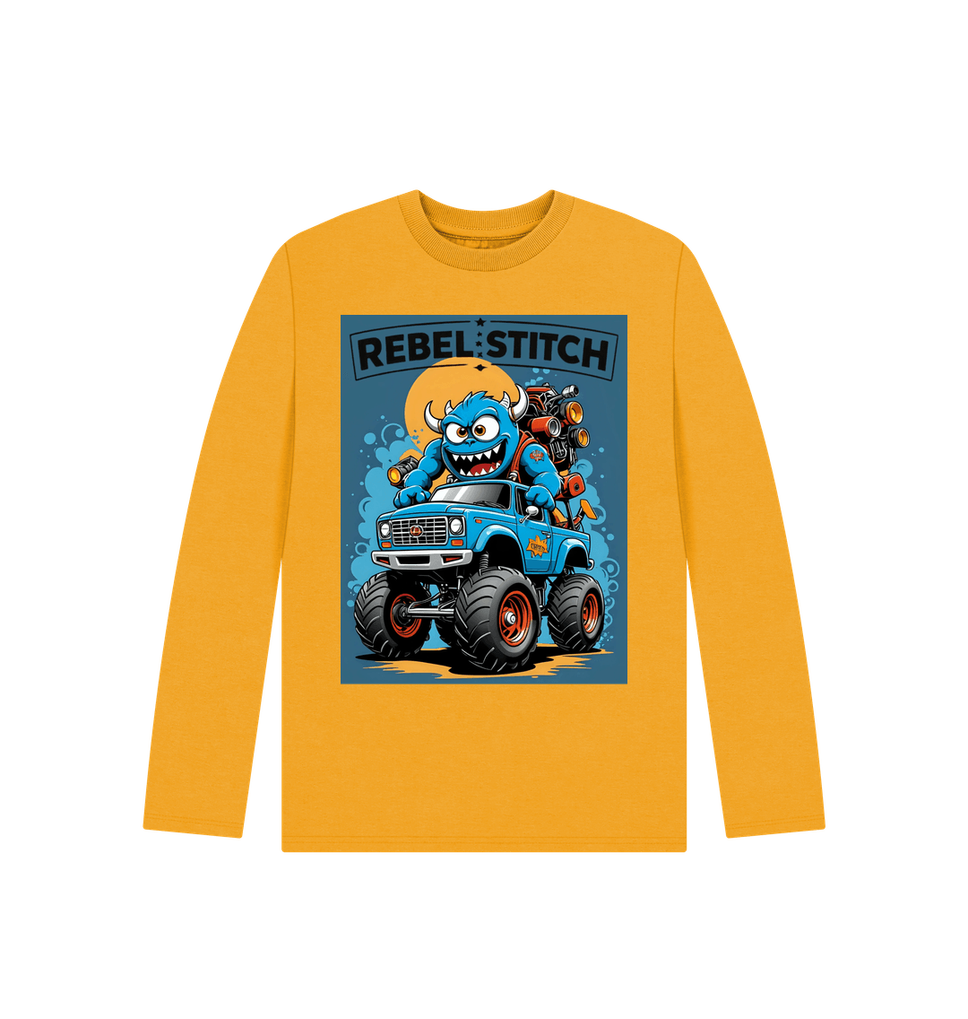 Mustard Rebel Stitch Premium Cotton Long Sleeve Kids T-Shirt Monster Truck Front Print #3