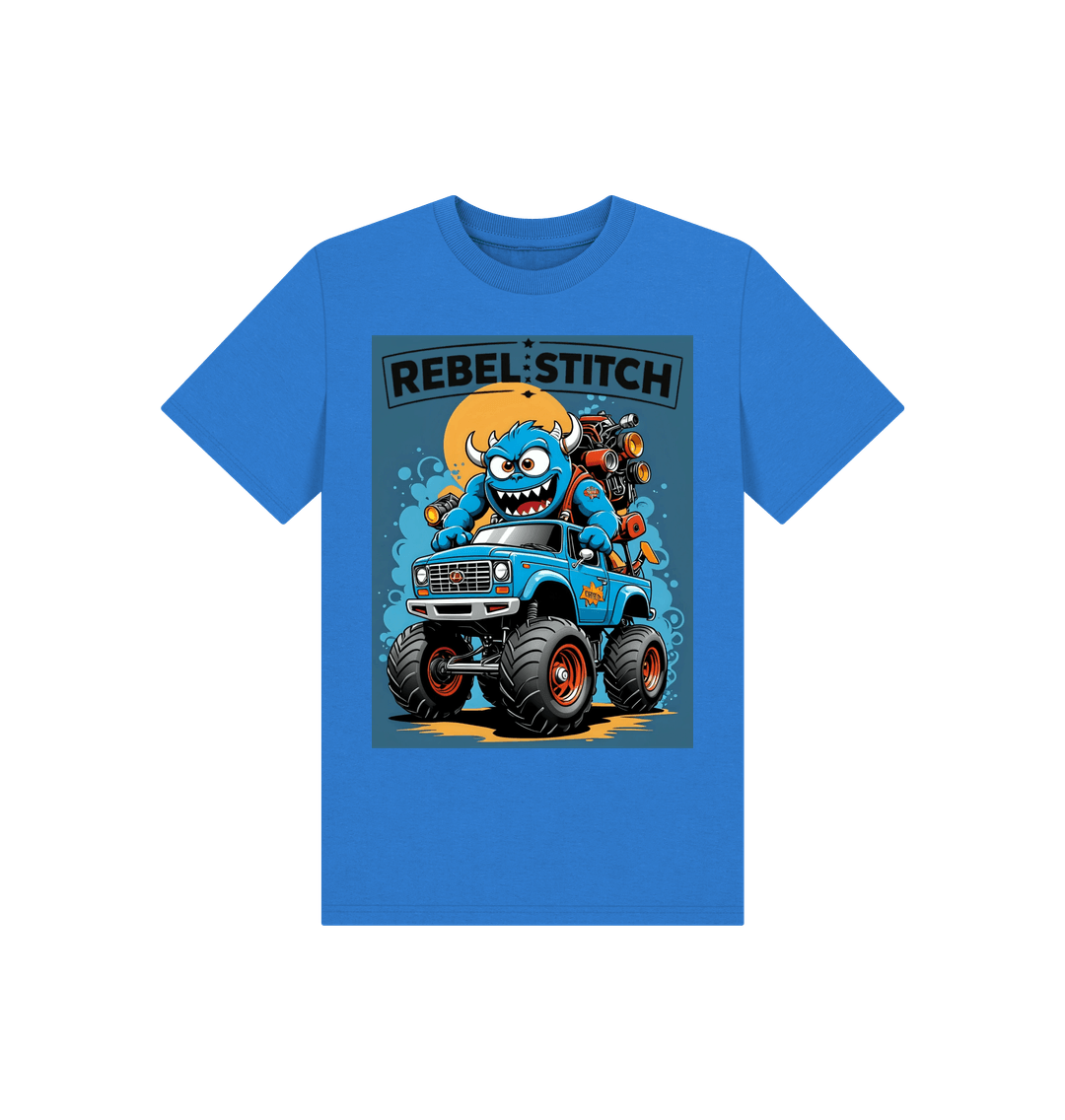 Bright Blue Rebel Stitch Premium Cotton Short Sleeve Kids T-Shirt Monster Truck Front Print #3