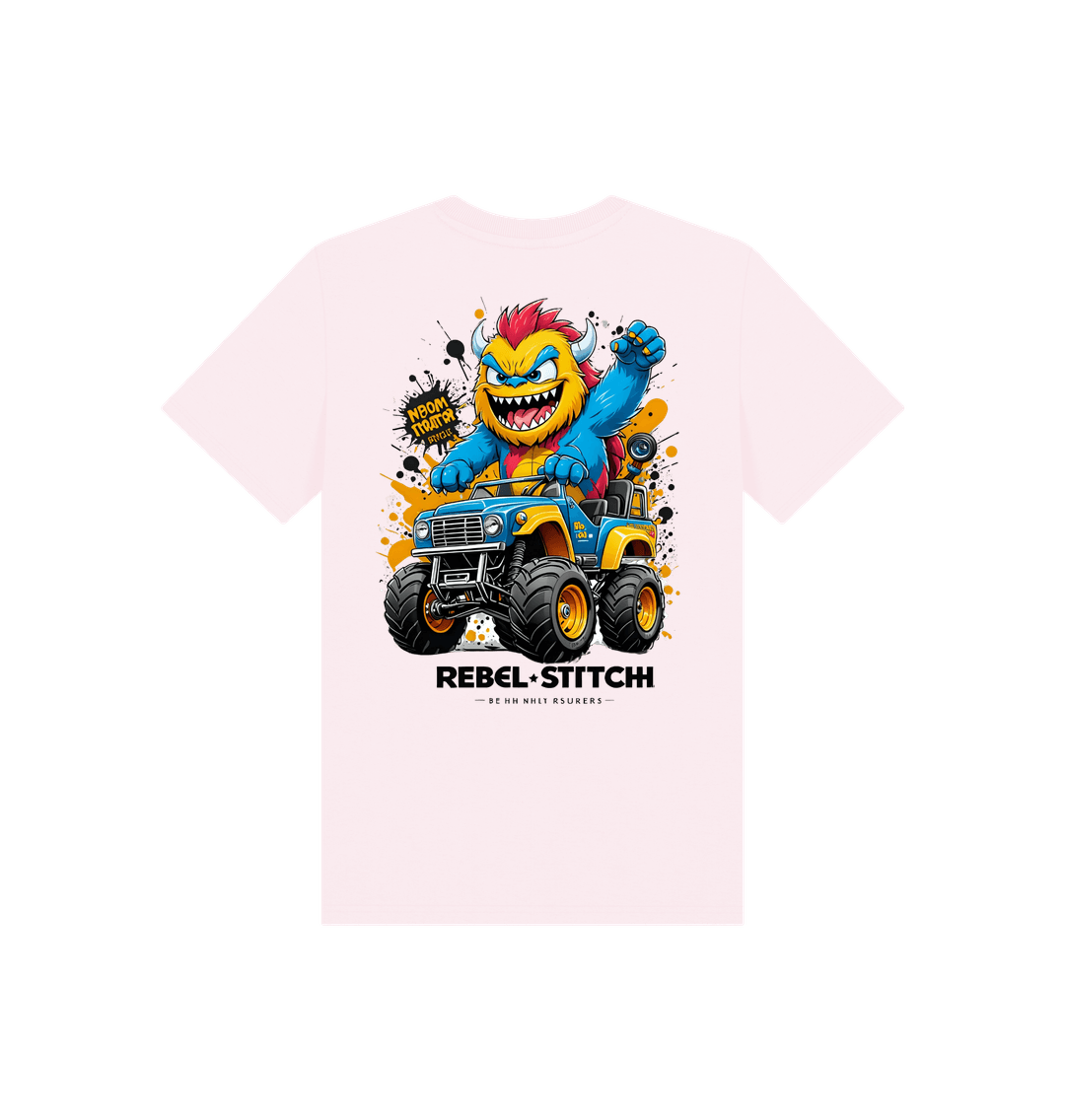 Pink Rebel Stitch Premium Cotton Short Sleeve Kids T-Shirt Monster Truck Back Print #1