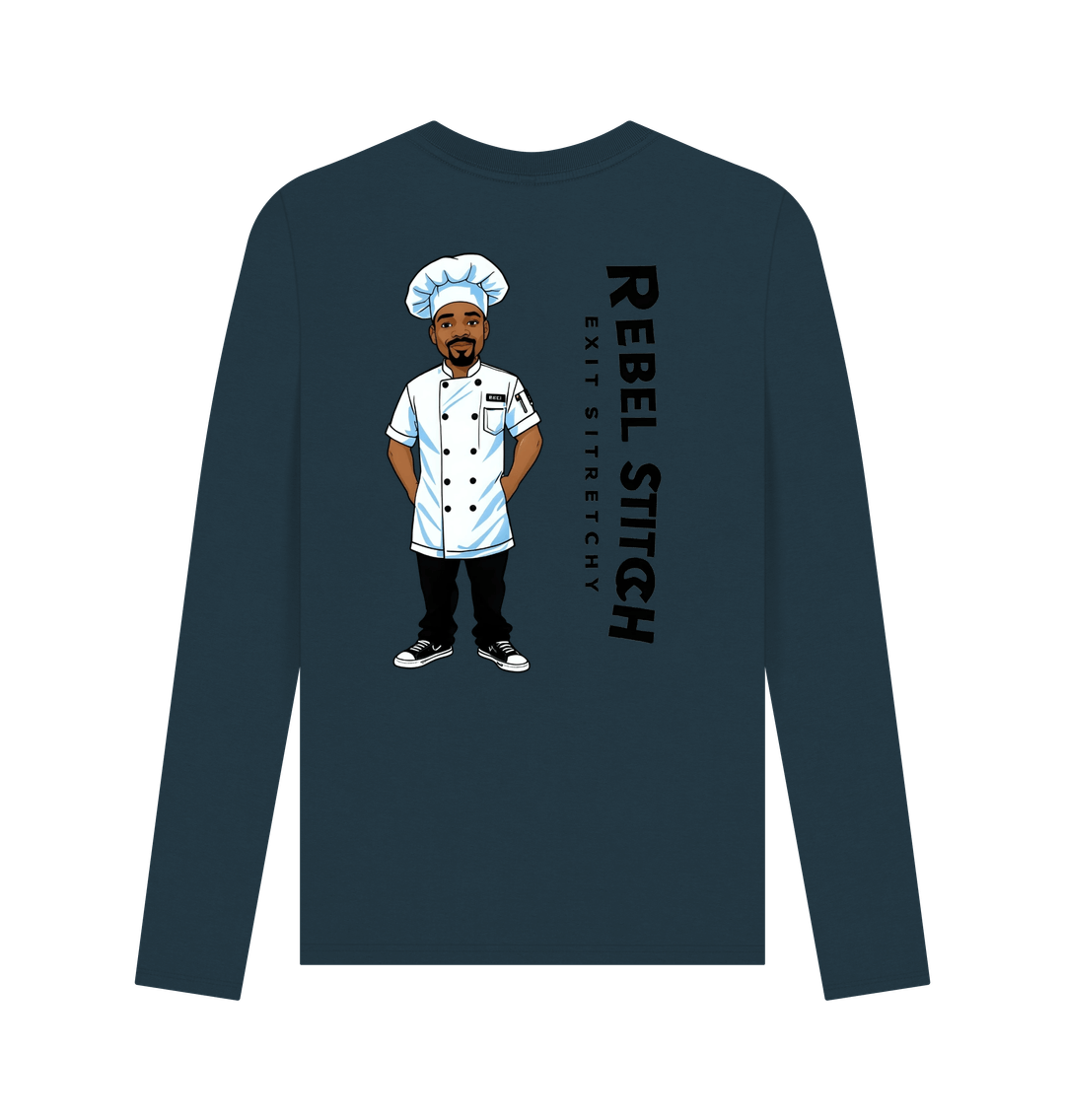 Denim Blue Rebel Stitch Premium Cotton Long Sleeve T-Shirt Chef Edition Back Print #1