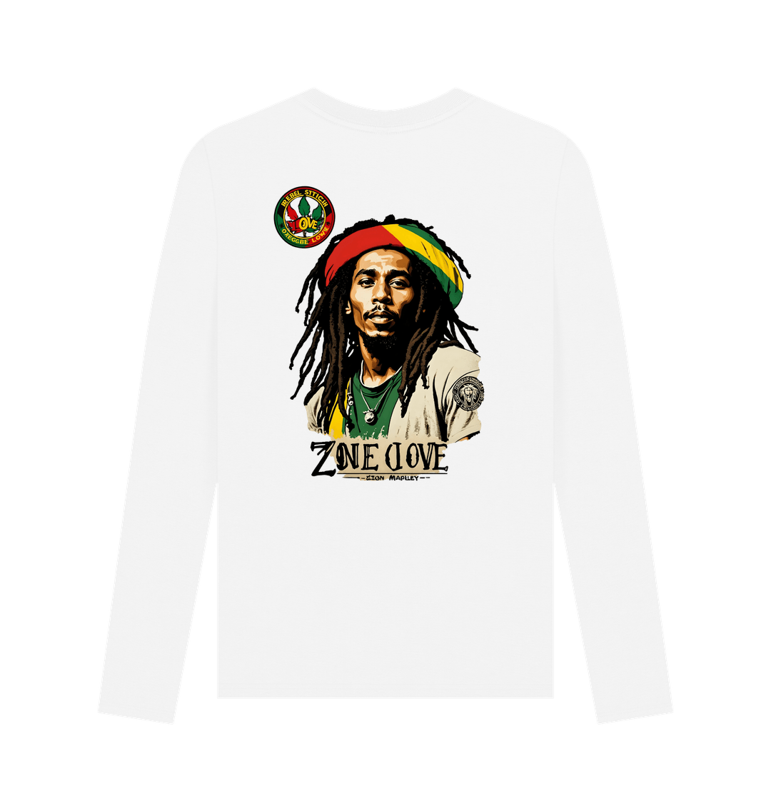 White Rebel Stitch Premium Cotton Long Sleeve T-Shirt Zion-One Love Back Print #4