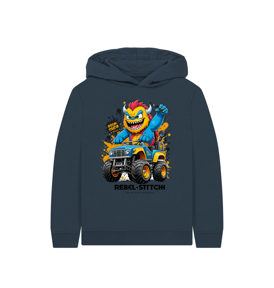 Navy Blue Rebel Stitch Premium Cotton Kids Hoodie Monster Truck Front Print #1