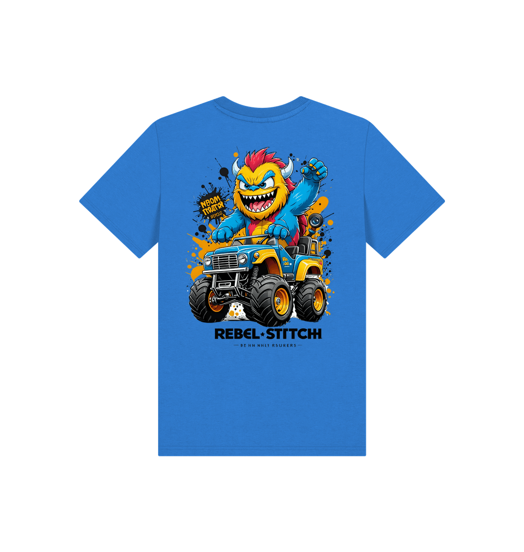 Bright Blue Rebel Stitch Premium Cotton Short Sleeve Kids T-Shirt Monster Truck Back Print #1