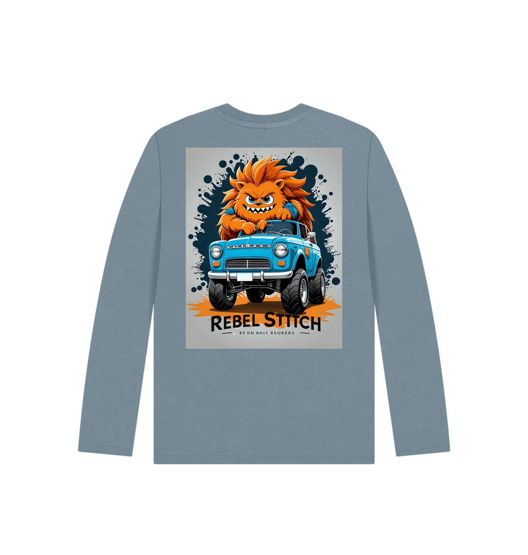 Stone Blue Rebel Stitch Premium Cotton Long Sleeve Kids T-Shirt Monster Truck Back Print #2