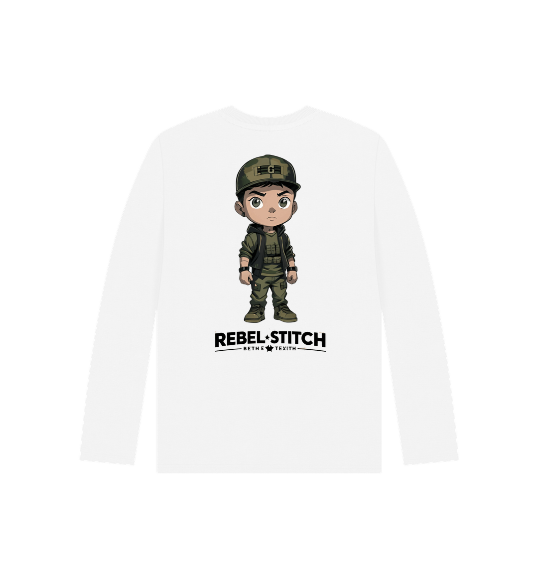 White Rebel Stitch Premium Cotton Long Sleeve Kids T-Shirt Rebel Kids Back Print #4