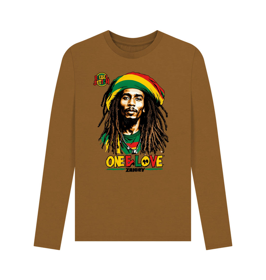 Brown Rebel Stitch Premium Cotton Long Sleeve T-Shirt Zion-One Love Front Print #2