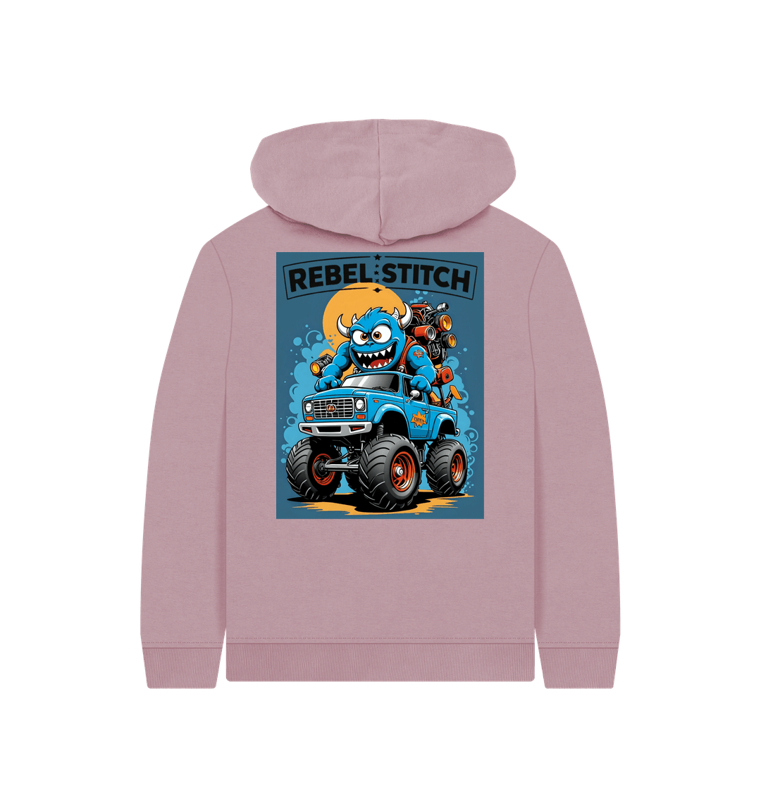 Mauve Rebel Stitch Premium Cotton Kids Hoodie Monster Truck Back Print #3