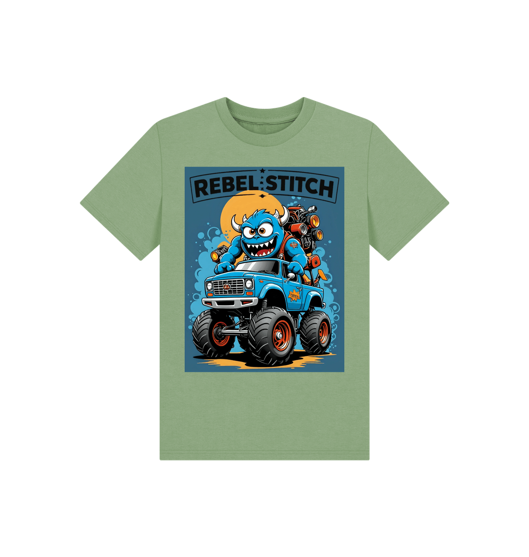 Sage Rebel Stitch Premium Cotton Short Sleeve Kids T-Shirt Monster Truck Front Print #3