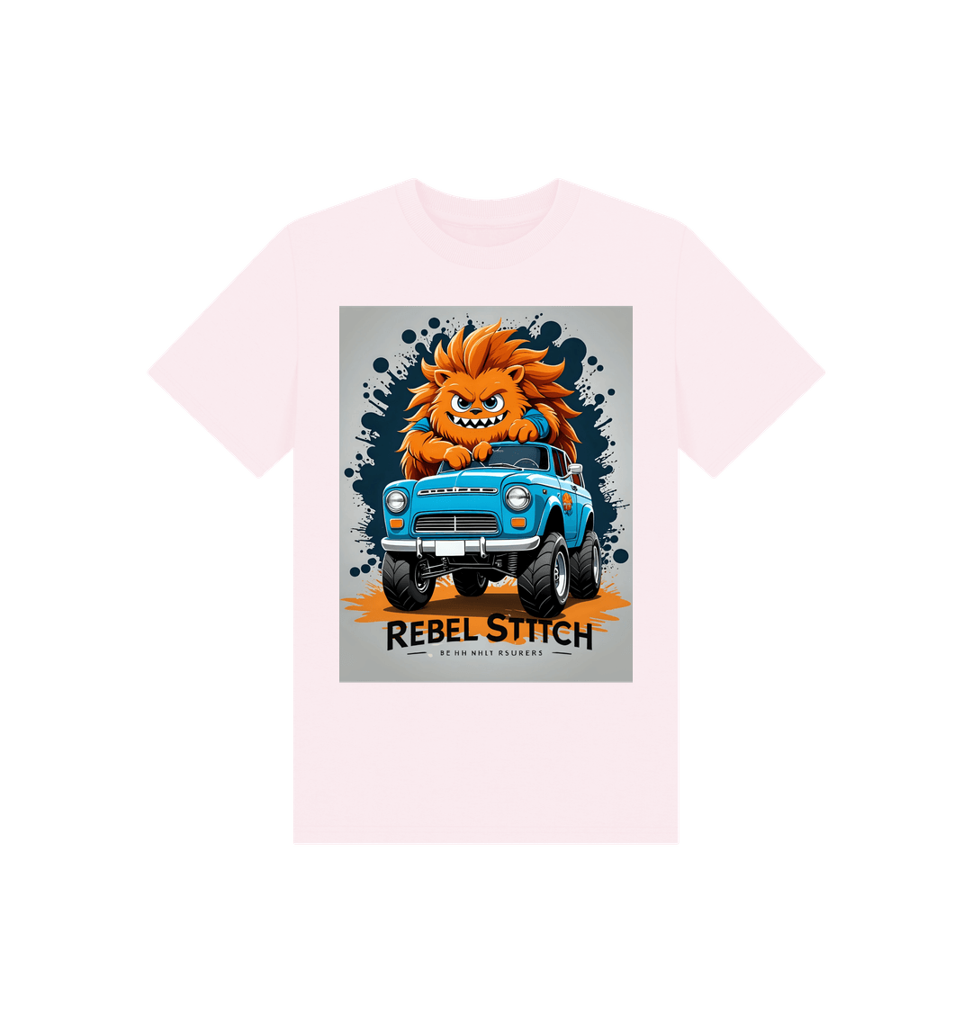 Pink Rebel Stitch Premium Cotton Short Sleeve Kids T-Shirt Monster Truck Front Print #2