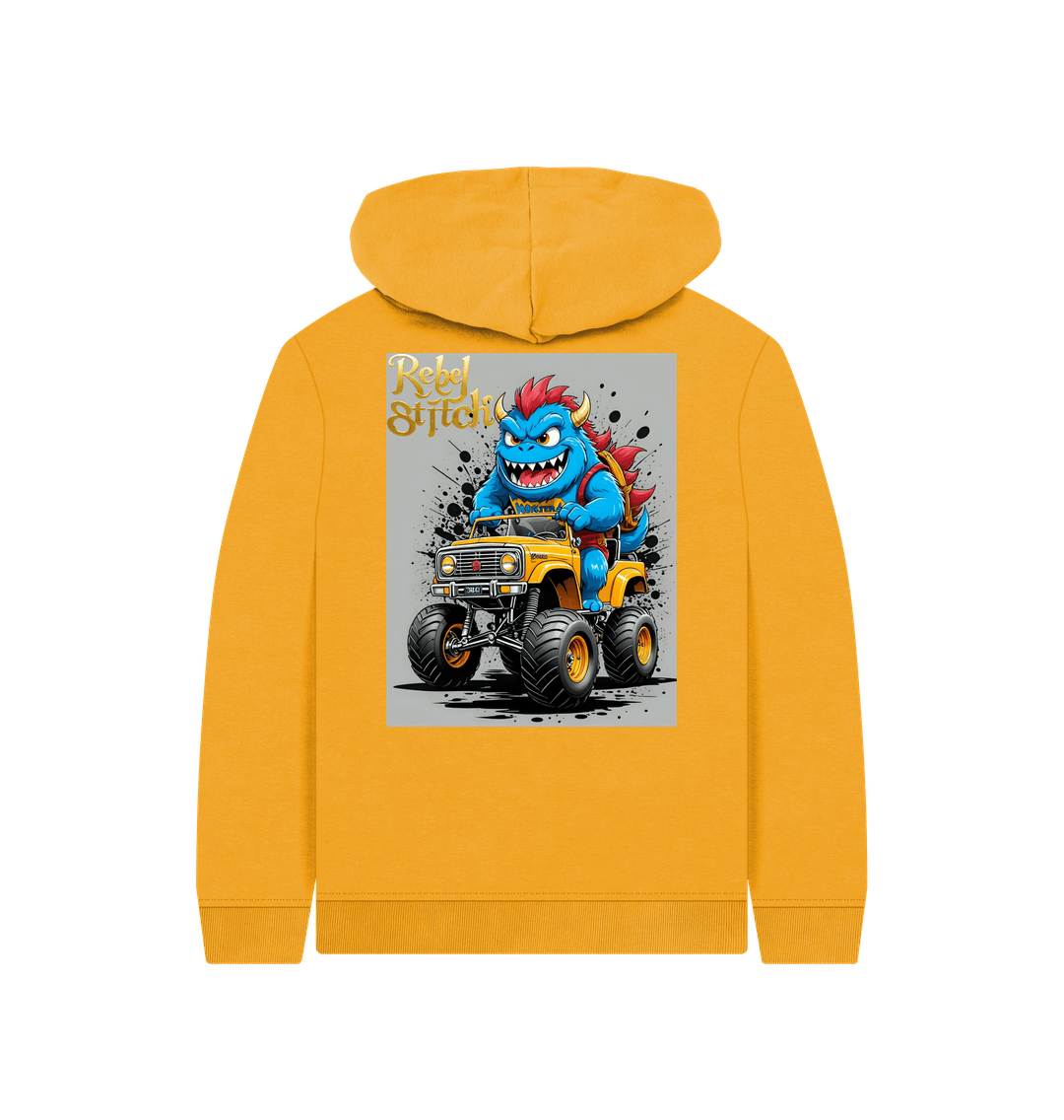 Mustard Rebel Stitch Premium Cotton Kids Hoodie Monster Truck Back Print #4