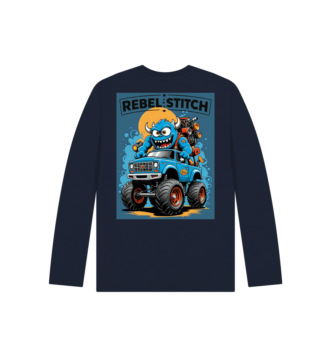 Navy Blue Rebel Stitch Premium Cotton Long Sleeve Kids T-Shirt Monster Truck Back Print #3