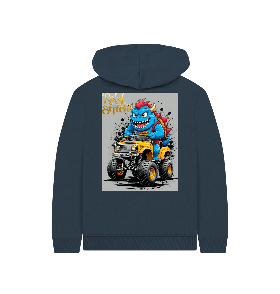 Navy Blue Rebel Stitch Premium Cotton Kids Hoodie Monster Truck Back Print #4