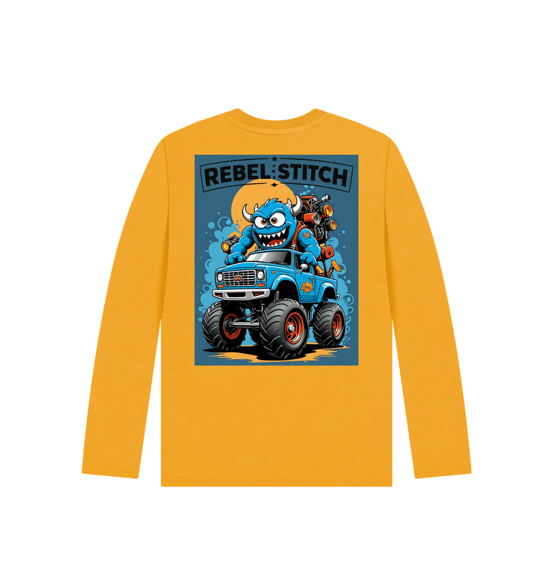 Mustard Rebel Stitch Premium Cotton Long Sleeve Kids T-Shirt Monster Truck Back Print #3