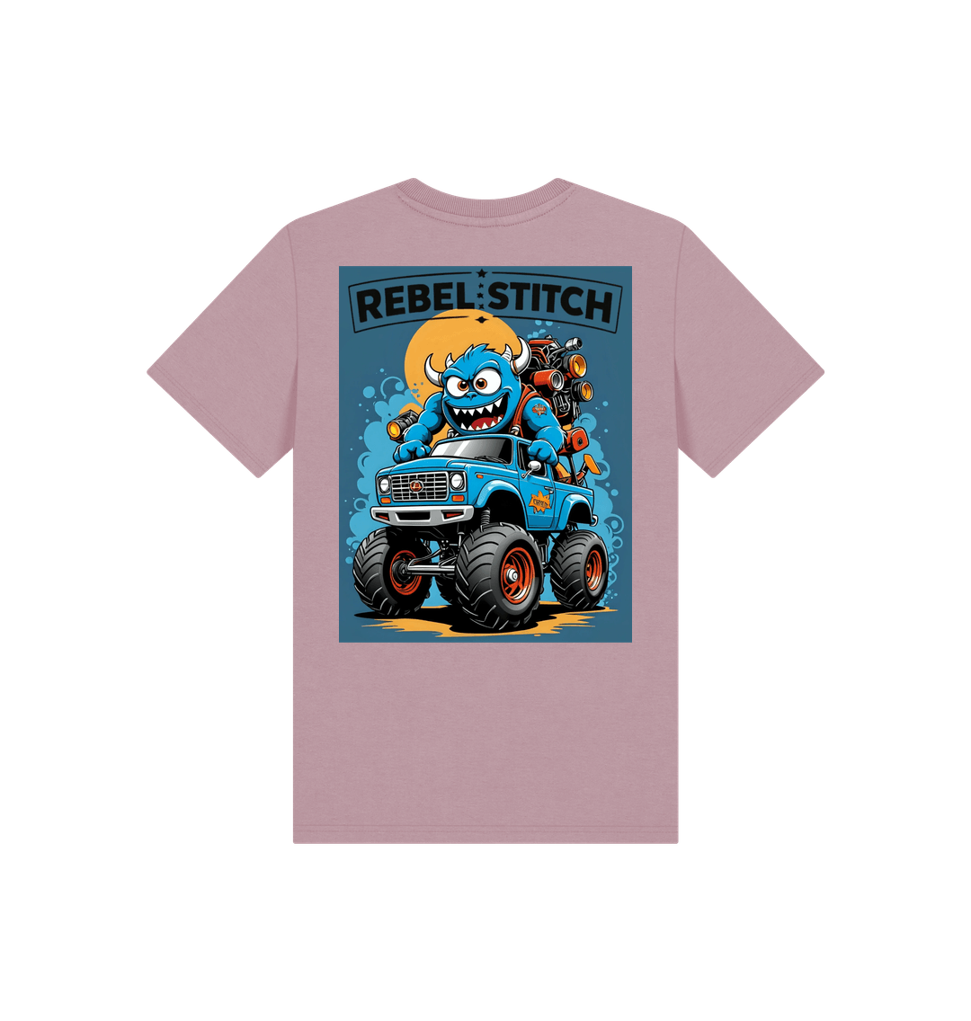 Mauve Rebel Stitch Premium Cotton Short Sleeve Kids T-Shirt Monster Truck Back Print #3