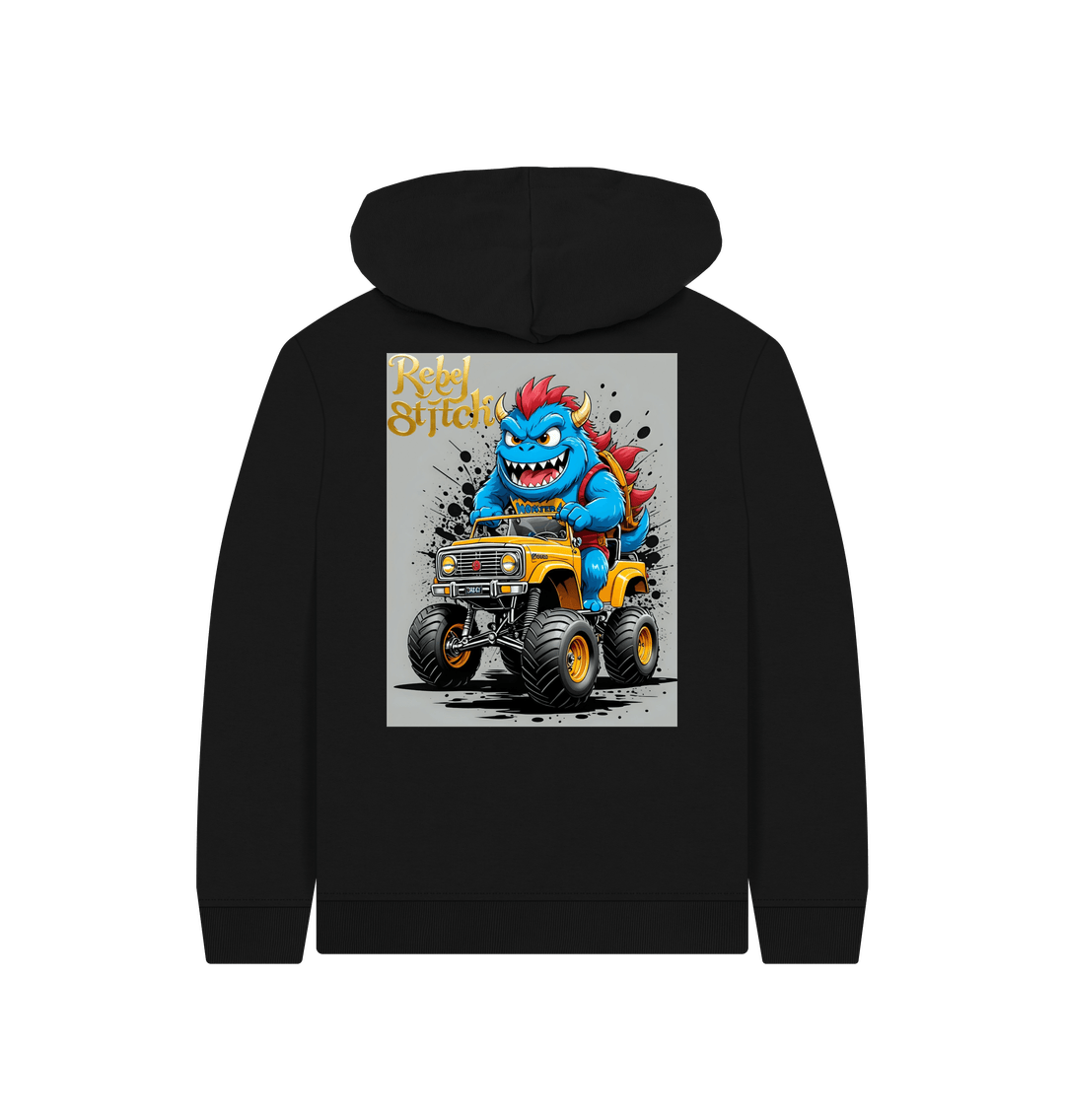 Black Rebel Stitch Premium Cotton Kids Hoodie Monster Truck Back Print #4