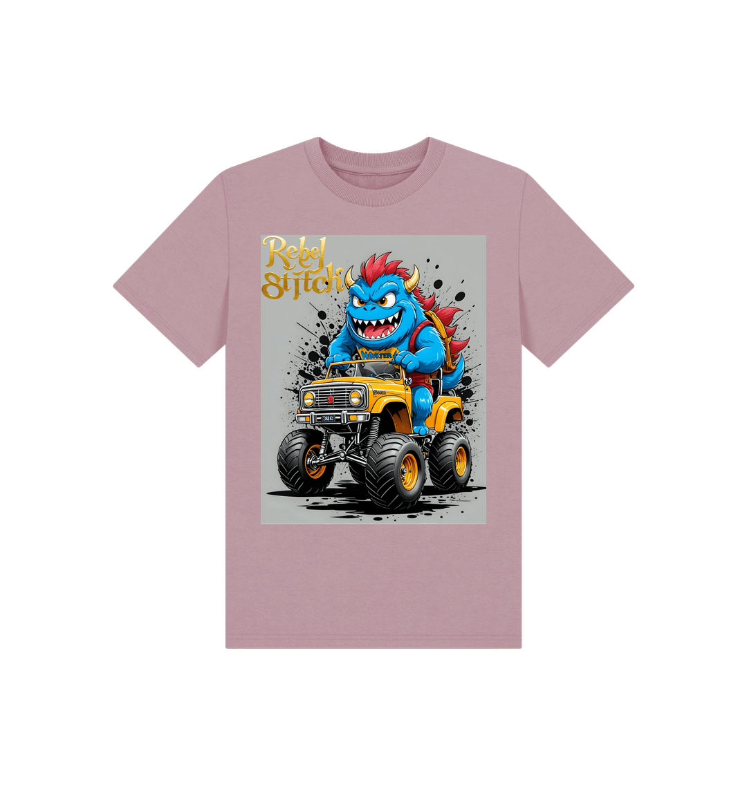 Mauve Rebel Stitch Premium Cotton Short Sleeve Kids T-Shirt Monster Truck Front Print #4