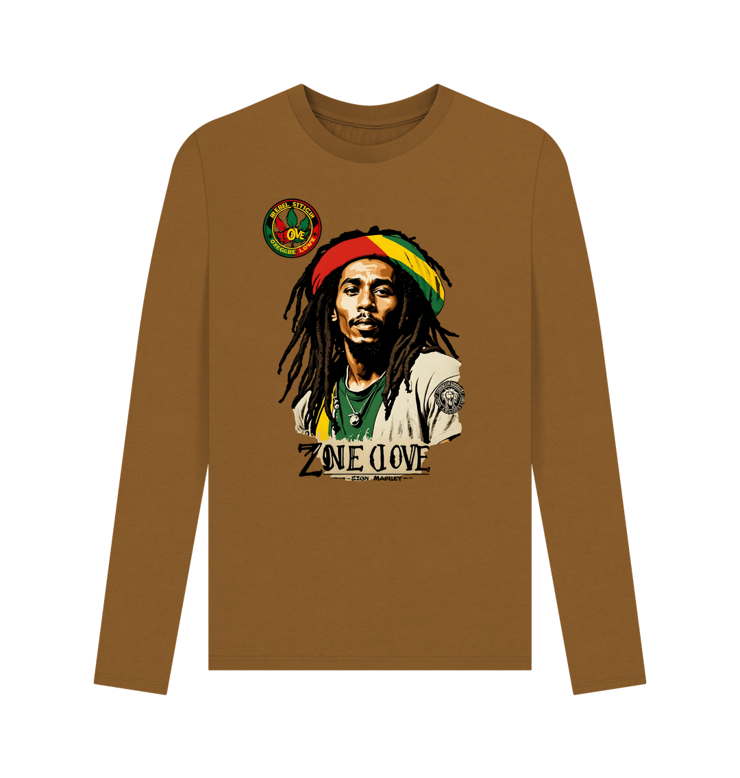 Brown Rebel Stitch Premium Cotton Long Sleeve T-Shirt Zion-One Love Front Print #4