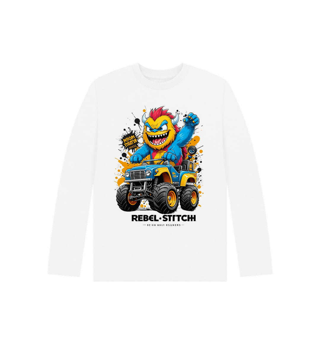 White Rebel Stitch Premium Cotton Long Sleeve Kids T-Shirt Monster Truck Front Print #1