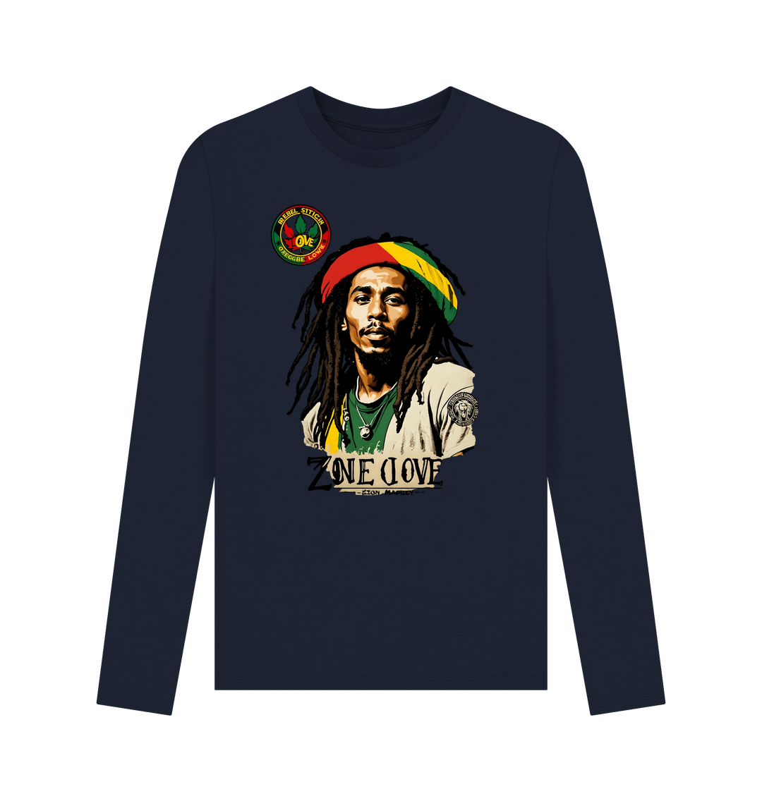 Navy Blue Rebel Stitch Premium Cotton Long Sleeve T-Shirt Zion-One Love Front Print #4