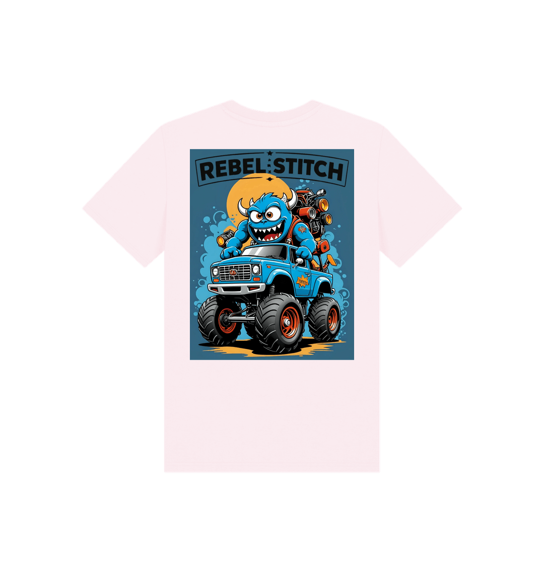 Pink Rebel Stitch Premium Cotton Short Sleeve Kids T-Shirt Monster Truck Back Print #3