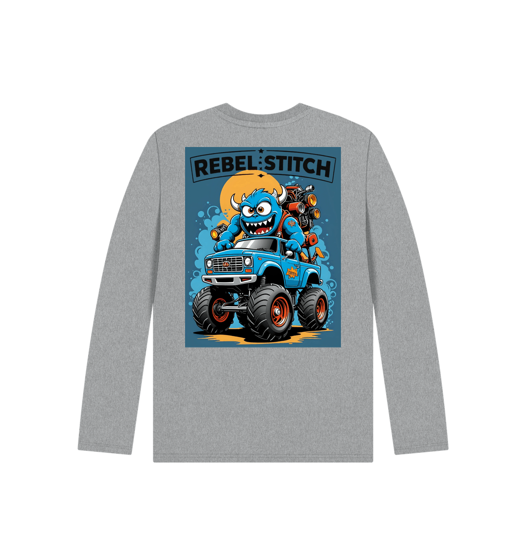 Athletic Grey Rebel Stitch Premium Cotton Long Sleeve Kids T-Shirt Monster Truck Back Print #3