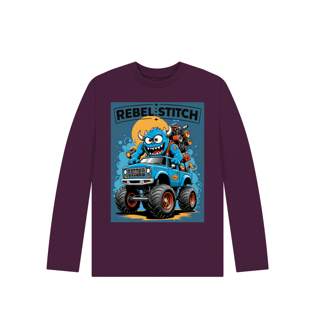 Purple Rebel Stitch Premium Cotton Long Sleeve Kids T-Shirt Monster Truck Front Print #3