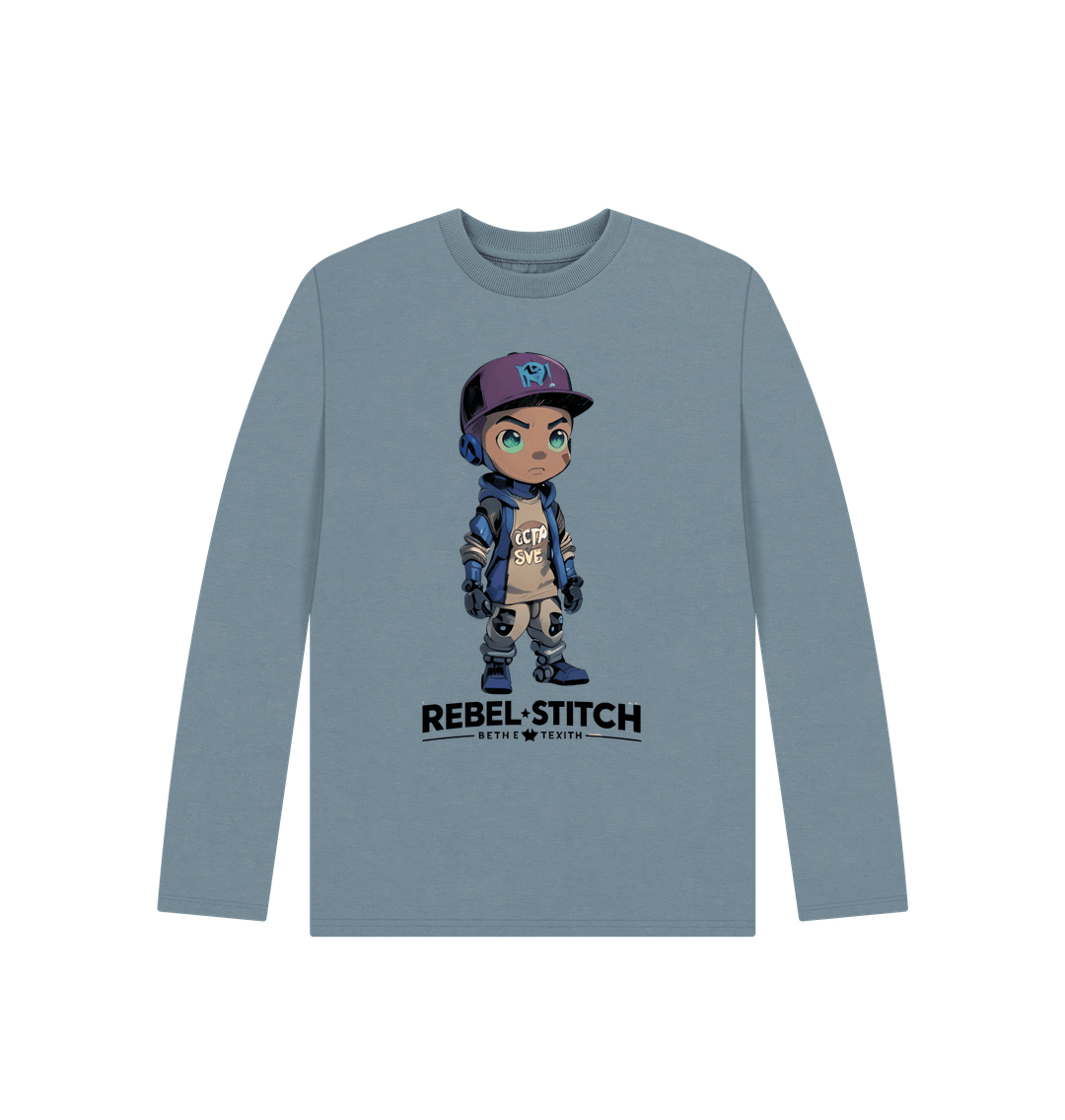 Stone Blue Rebel Stitch Premium Cotton Long Sleeve Kids T-Shirt Rebel Kids Front Print #2