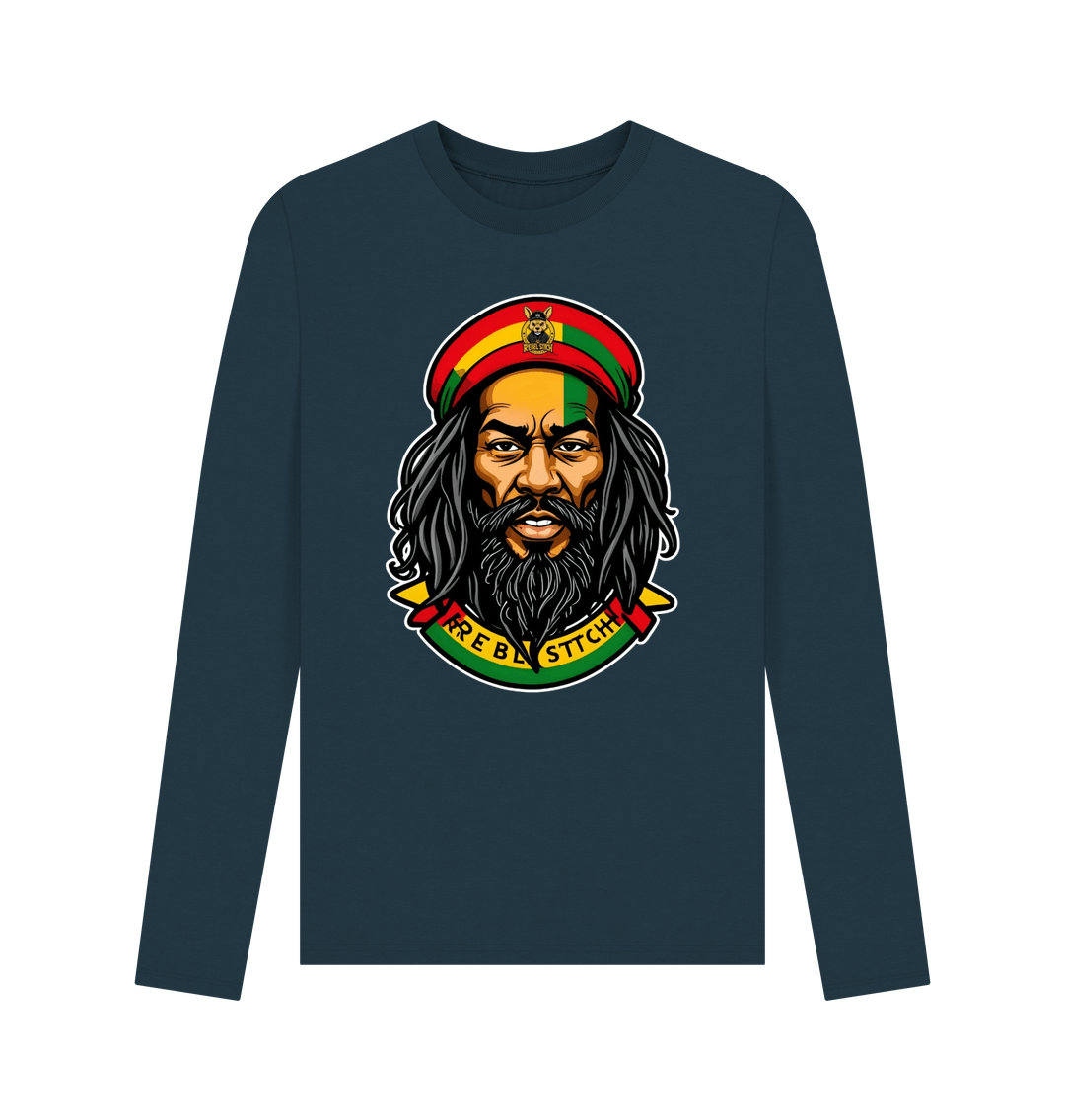 Denim Blue Rebel Stitch Premium Cotton Long Sleeve T-Shirt Zion-One Love Front Print #3