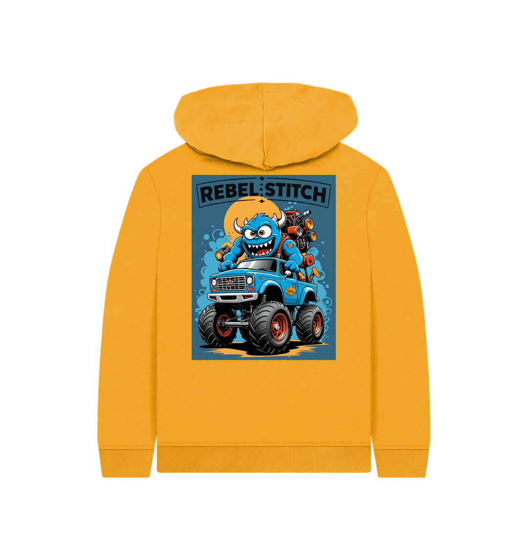 Mustard Rebel Stitch Premium Cotton Kids Hoodie Monster Truck Back Print #3