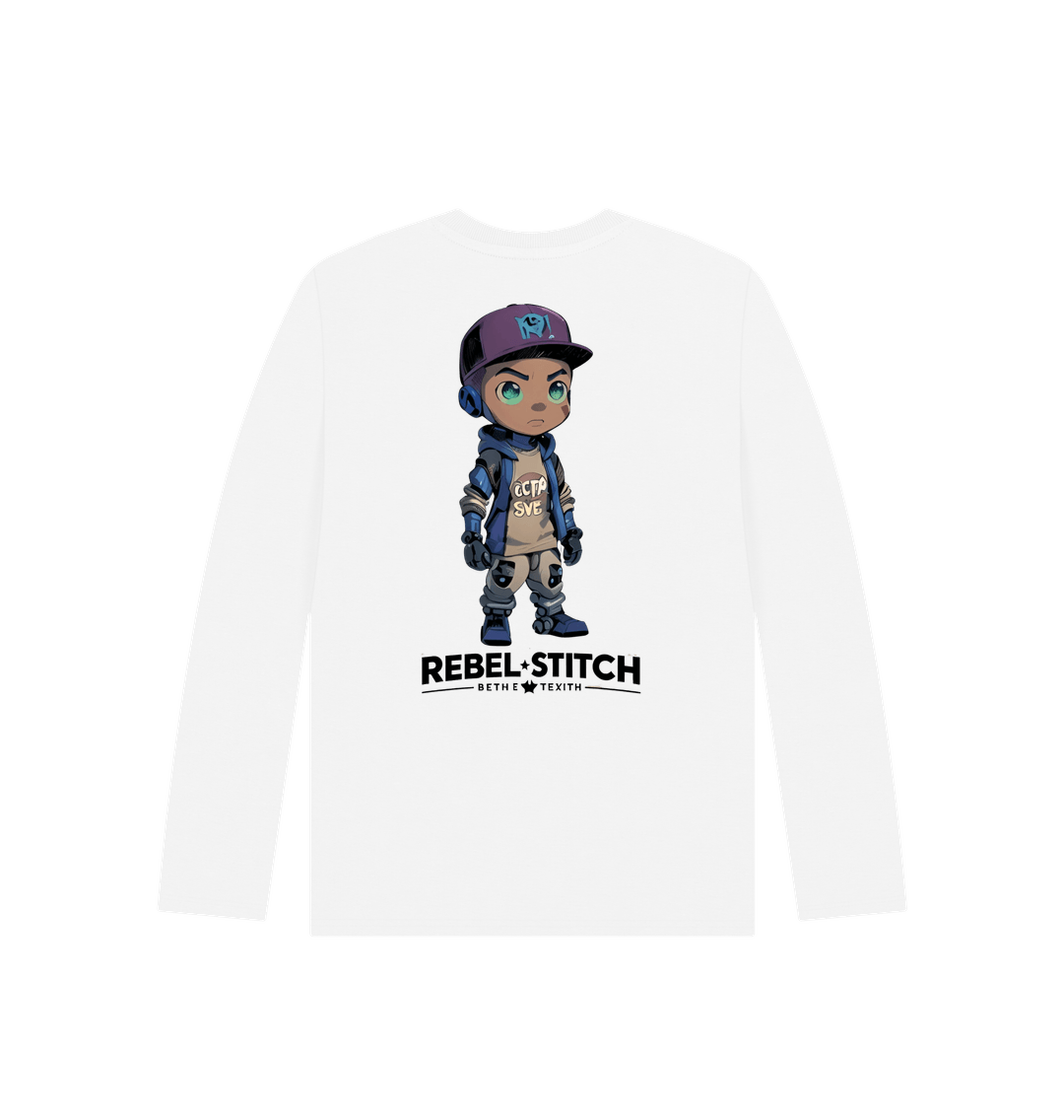 White Rebel Stitch Premium Cotton Long Sleeve Kids T-Shirt Rebel Kids Back Print #2