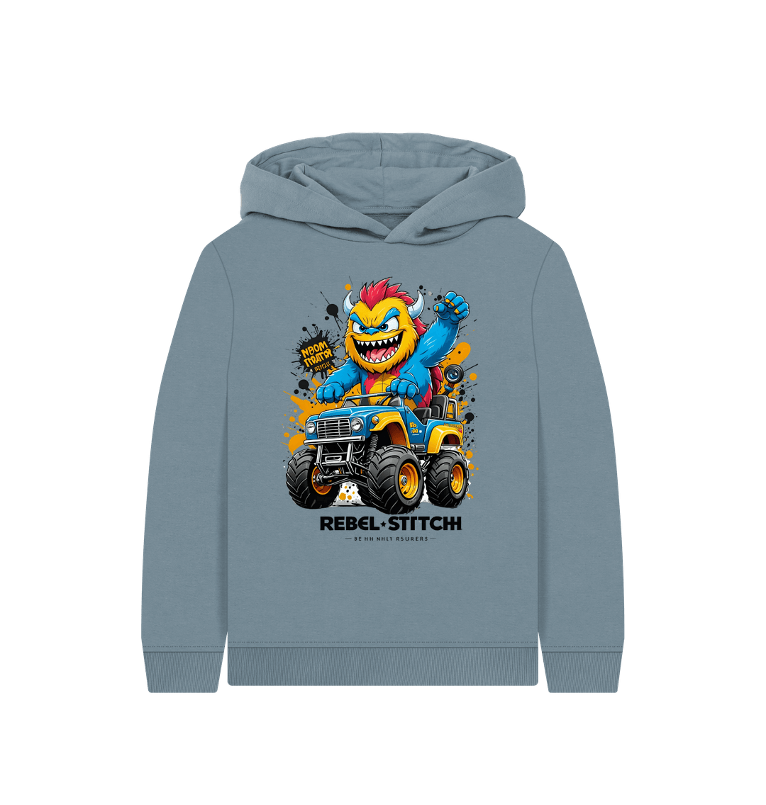 Stone Blue Rebel Stitch Premium Cotton Kids Hoodie Monster Truck Front Print #1