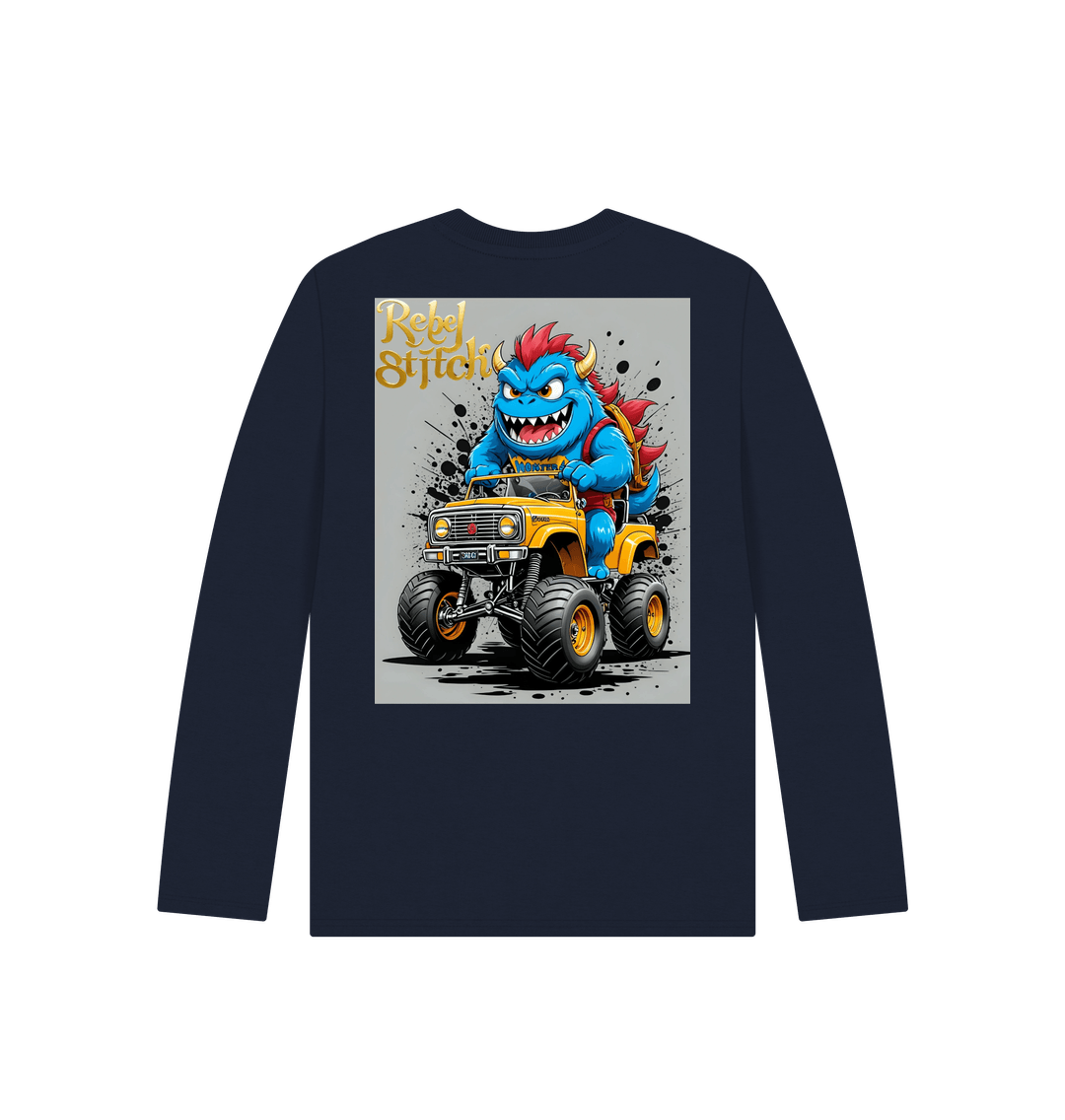 Navy Blue Rebel Stitch Premium Cotton Long Sleeve Kids T-Shirt Monster Truck Back Print #4